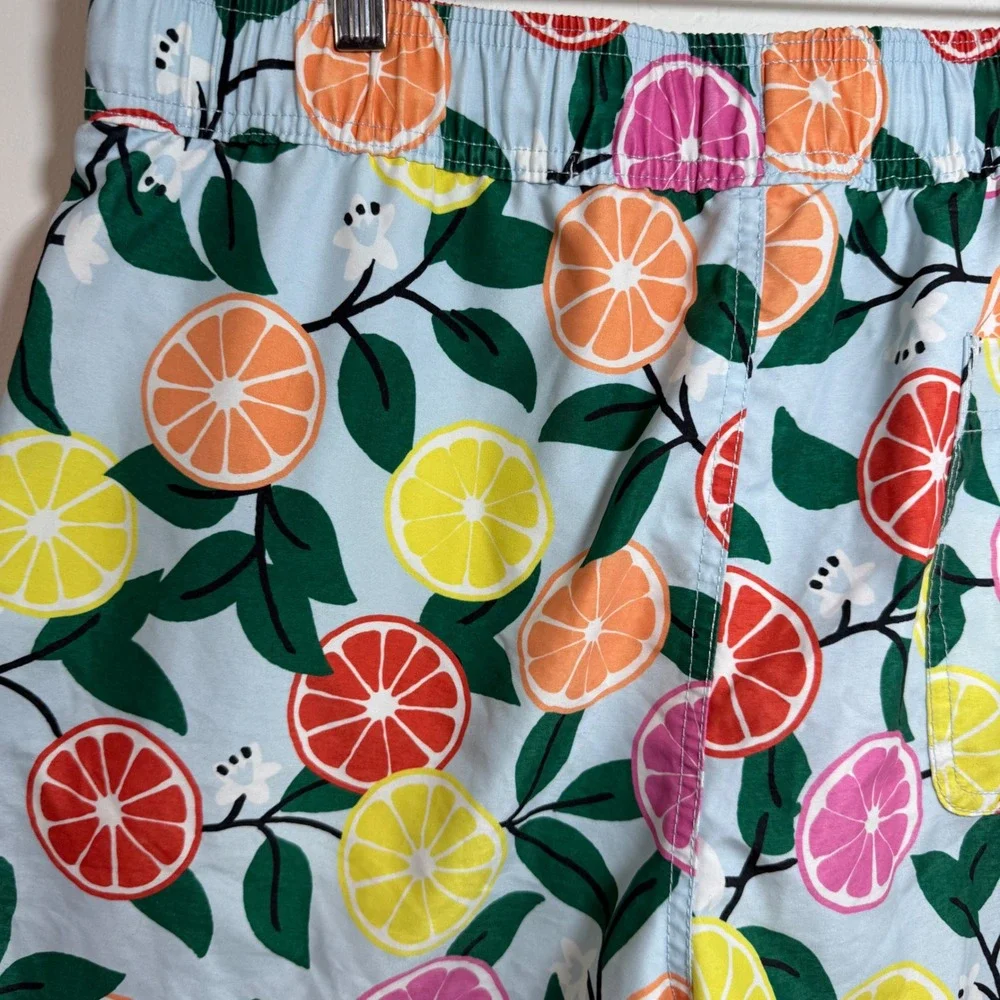 Hanna Andersson Citrus Print Swim Trunks‎ Mens L Blue Lemon Orange Beach Shorts